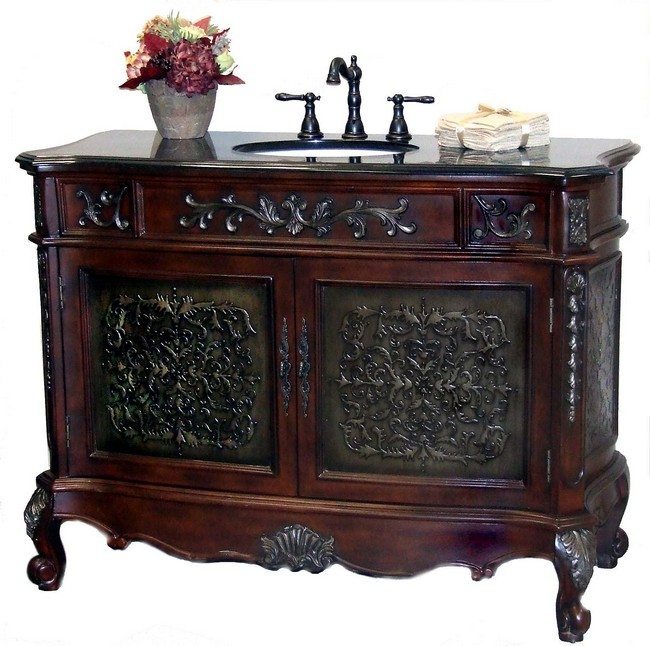 Antique-style wooden vanity set with metallic detail