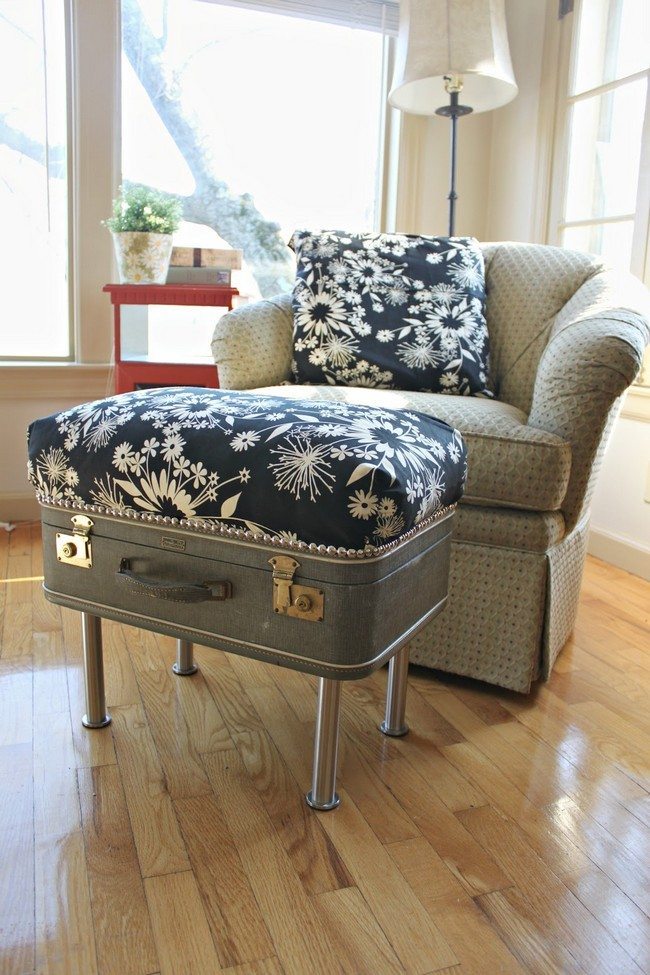 Old suitcase repurposed into an ottoman