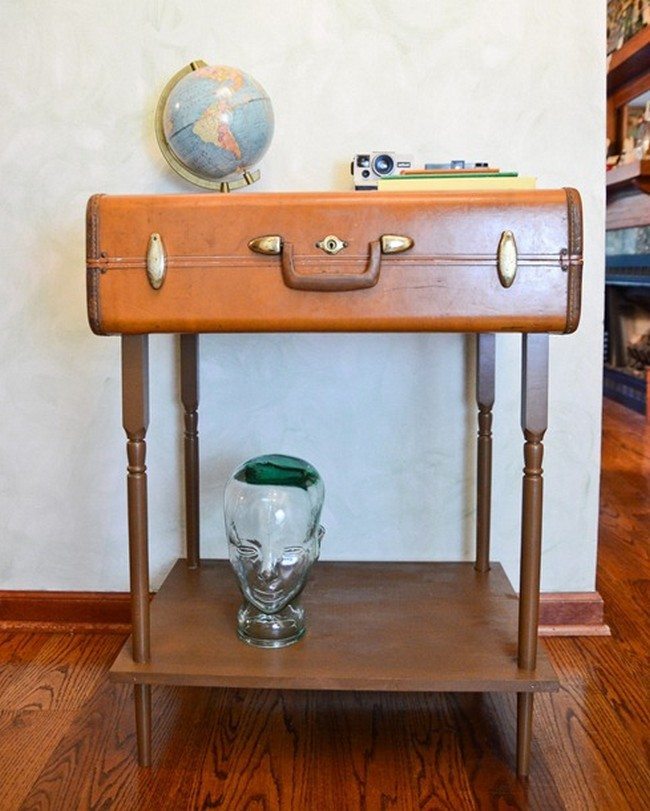 Wooden storage stand made from an old wooden suitcase