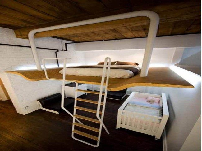 Contemporary bunk bed with wooden and metal staircase 