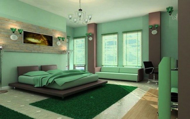 Green-themed bedroom with centered candleholder light