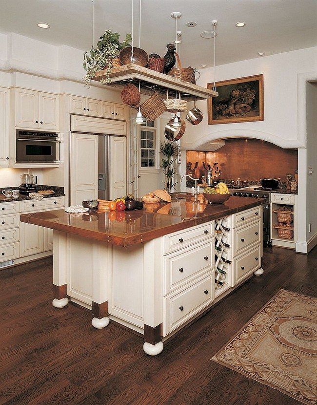 Wooden island with white casters and integrated wine storage area