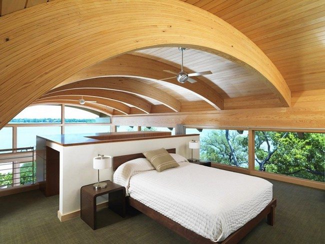 Artistic ceiling with curved wooden beams