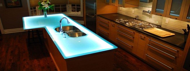 Glass countertop with blue LED illumination