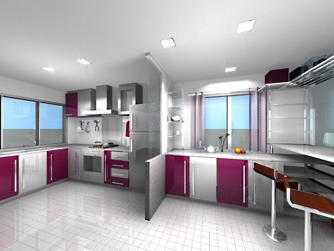 Contemporary kitchen with maroon and red color theme
