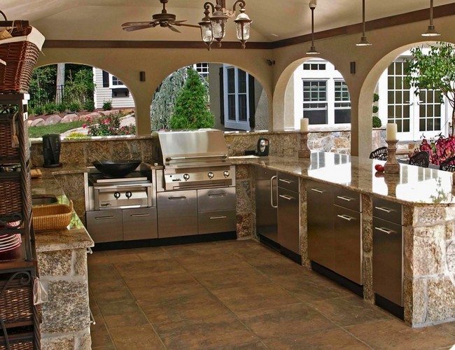 Stone kitchen cabinets with steel doors and handles