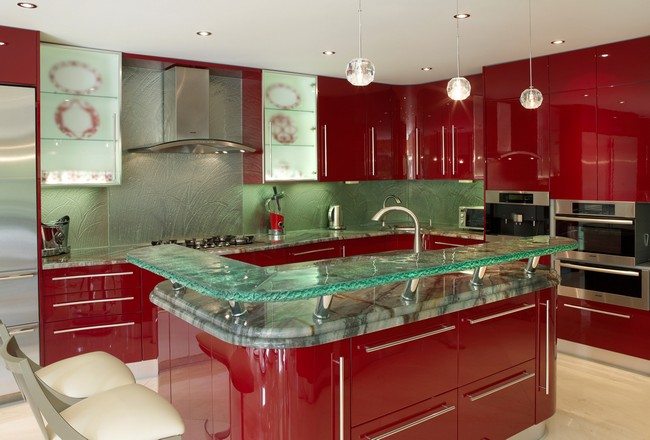 Glass countertop on top of stone countertop