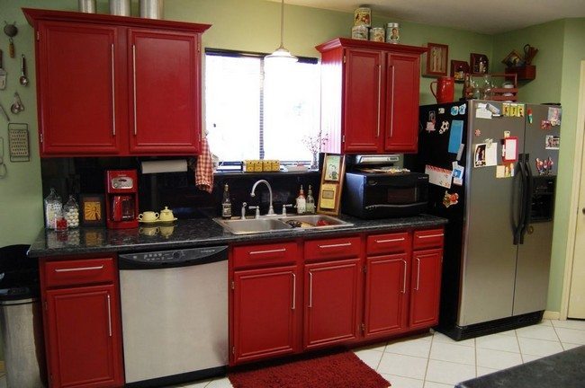 Brightly-colored cabinets with metal handles