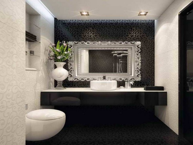 Rectangular bathroom mirror with illuminating in-ceiling lighting