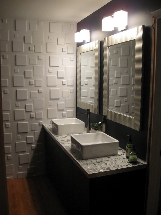 Contemporary white tile wall matching white tile frame of bathroom mirror