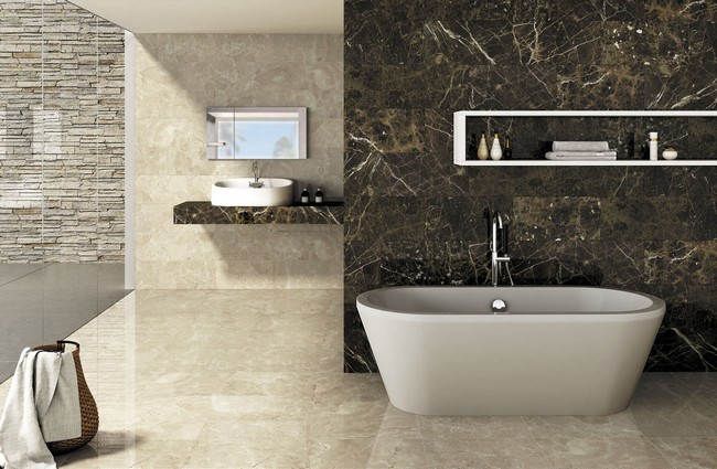 Veined marble bathroom in different colors, with filtered natural lighting from the glass wall
