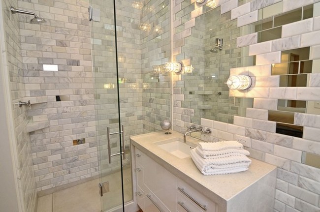  White and grey subway tile made from marble
