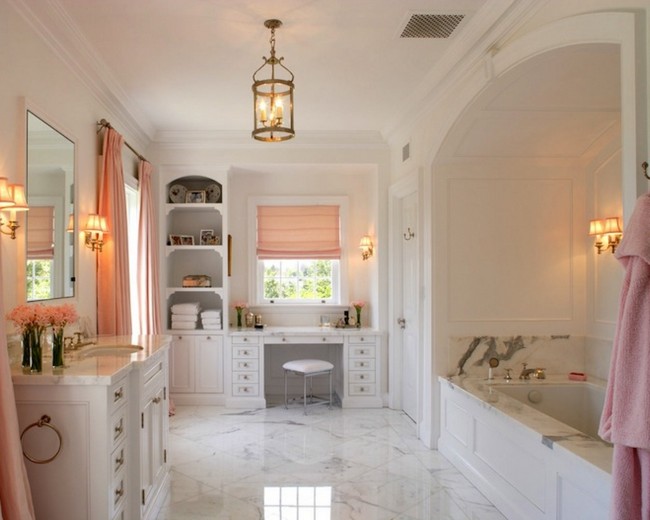 Spacious bathroom with veined marble tile floor