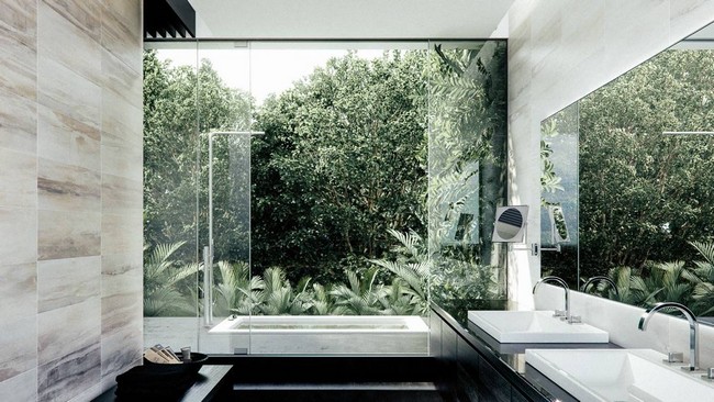 Outdoor bathroom surrounded by lush vegetation