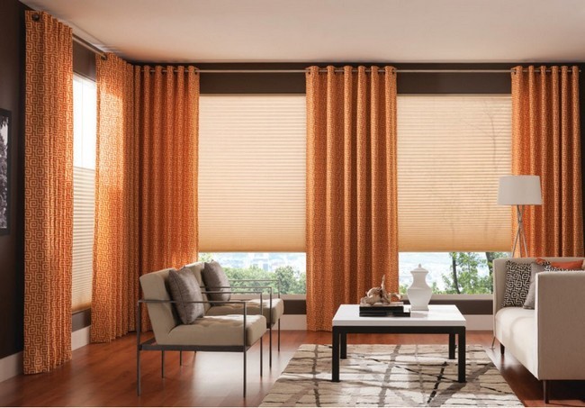 Curtains With Small Patterns Matching Tone Of The Hardwood Floor
