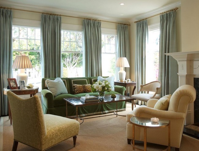 Pale Blue Curtains That Contrast The Color Scheme Of The Room
