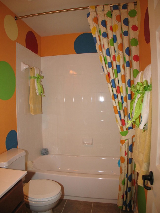 Shower curtain in bright, playful colors