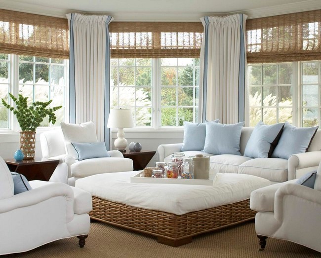 Curtains in white, blue and light brown color schemes