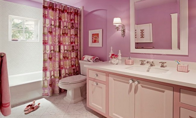 Pink-themed room with pink drapes with drawings