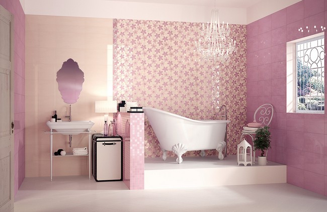Girl’s bathroom with delicate pink color scheme