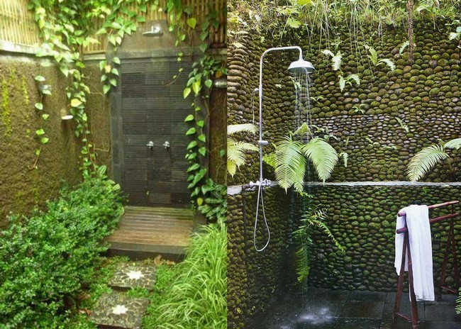 Bathroom on the outside with terrace surrounded by shrubs