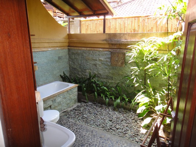 Cozy outdoor bathroom with a blend of contemporary and rustic design