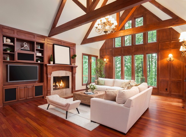 Slanted ceiling with wooden beams in a rustic style living room