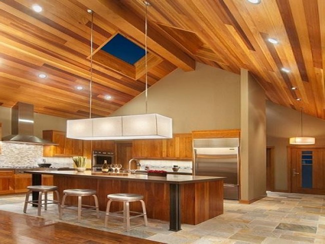 Harwood kitchen with slanted ceiling and low furniture
