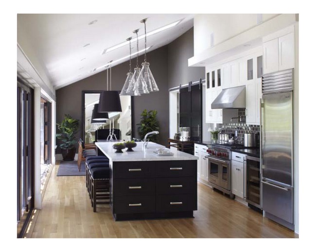 Black and white kitchen with slanted ceiling