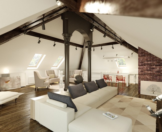 Slanted ceiling as used in an industrial living room design, with metal columns that add charm to the room