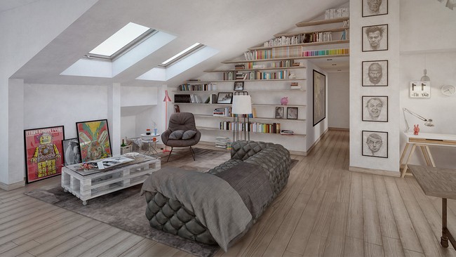 Bookshelf adjoining slanted ceiling, providing beautiful yet functional decor