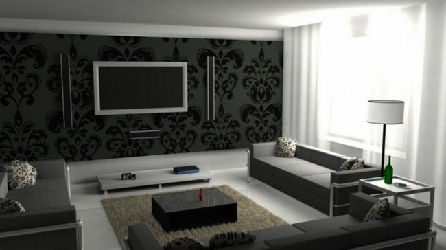  Grey wallpaper with black patterns and brightly lit window