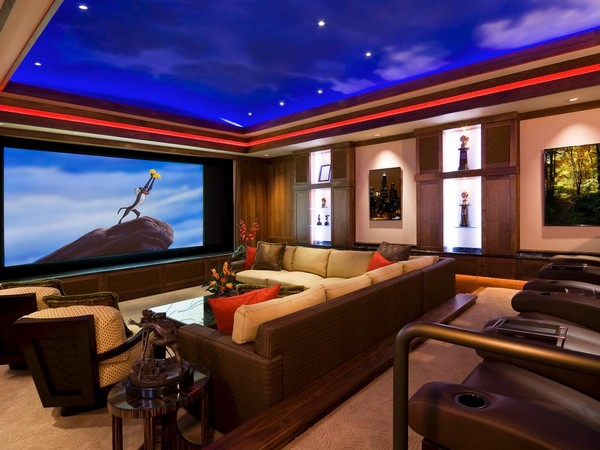 Long, rectangular home theater with false night sky ceiling