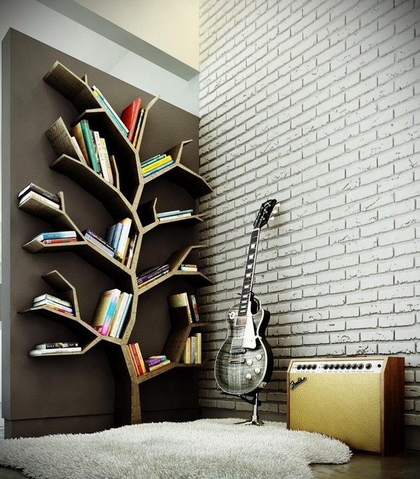 Wall with white subway tile adjoining wall with tree-shaped bookshelf