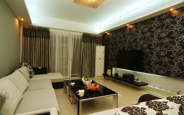 Dark wallpaper with intricate flower patterns and overhead recessed in-ceiling lighting