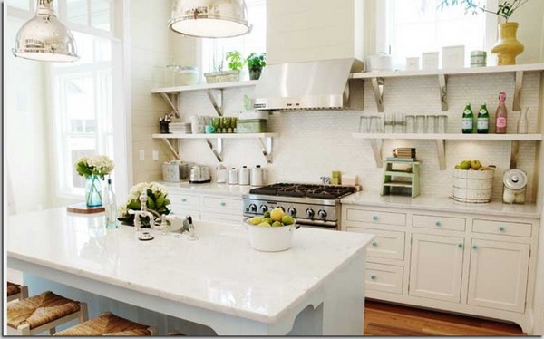 White shelves in an all-white kitchen