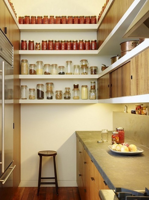Open shelves used to store cooking ingredients and pans