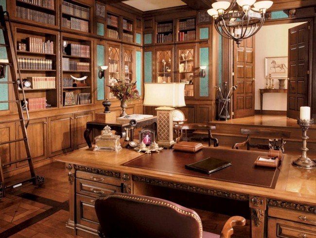 Large rustic-style home office that also acts as a home library