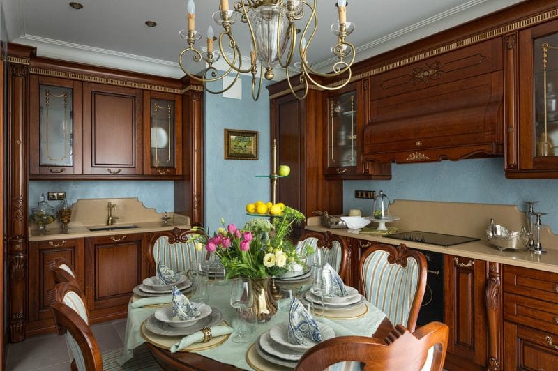 Kitchen set in classical style with patina and gilding