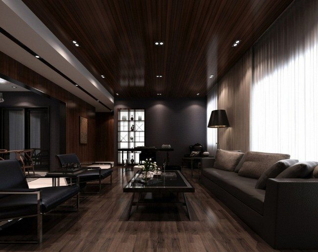 living room with black ceiling